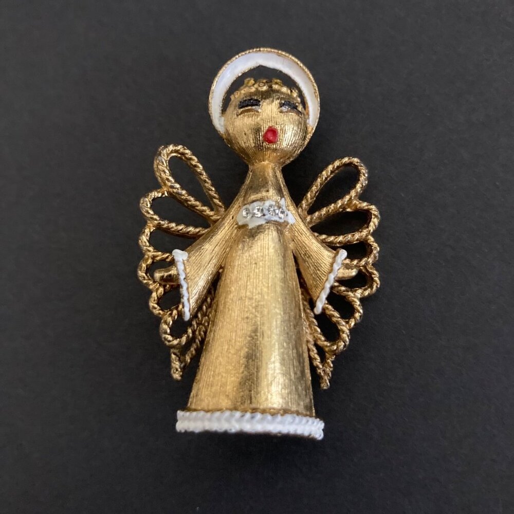 Vintage Christmas Gold Tone Mid Century MCM Angel Rhinestone Brooch